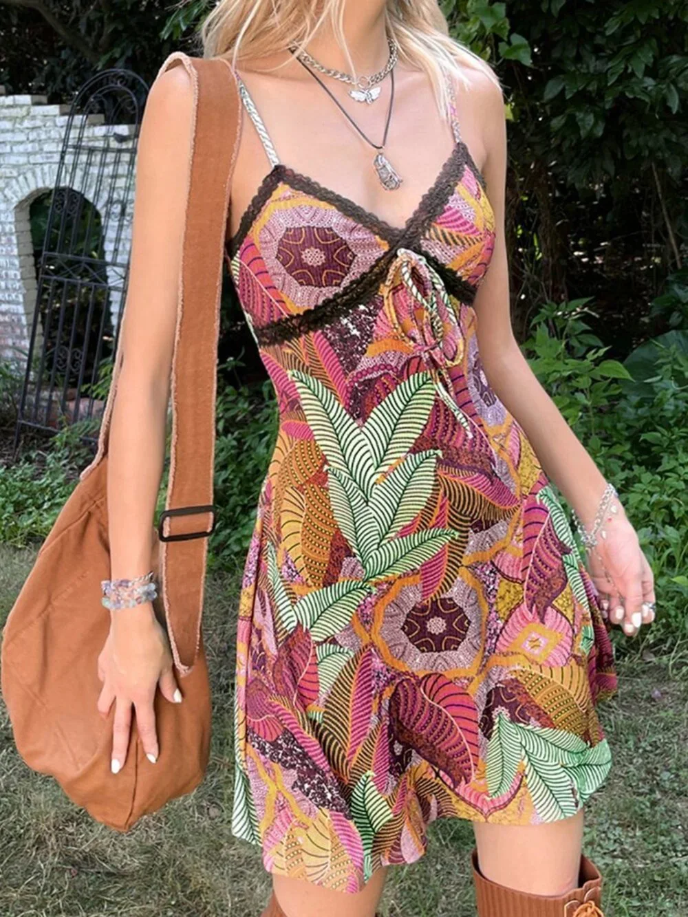 Multicolor Boho Women's Grunge Tropical Print Lace Knot Front Cami Dress - Picture 1 of 6